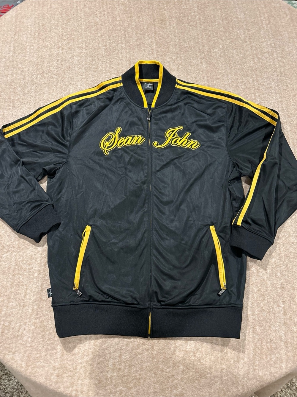 Sean John Black and Yellow Script Bomber Jacket